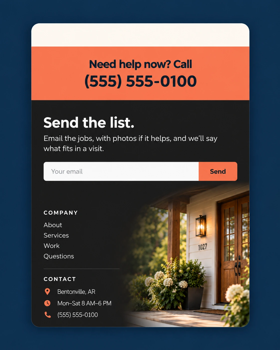 ReadyFix demo footer with a call line and a form to send the job list.