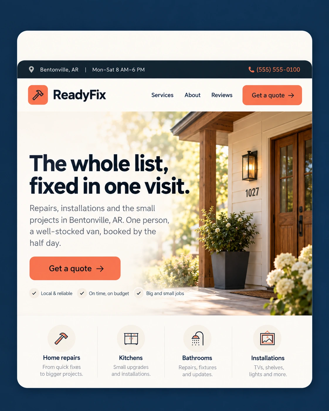 ReadyFix demo homepage with a call button and hours.